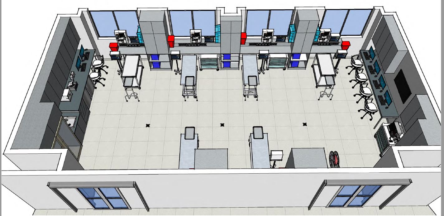 A computer lab with many desks and chairs.
